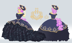 Size: 5048x3000 | Tagged: safe, artist:krasik, oc, oc:quickdraw, anthro, clothes, commissioner:dhs, curly mane, curly tail, dress, fancy, freckles, frilly dress, front view, hat, jewelry, pendant, rear view, reference sheet, ring, simple background, sparkles, symbol, tail, wedding ring