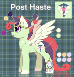 Size: 2878x3000 | Tagged: safe, artist:cornelia_nelson, oc, oc only, oc:post haste, pegasus, pony, anus, butt, charm, coat markings, colored wings, commissioner:dhs, dreamcatcher, ear markings, feather, female, freckles, genitals, goggles, green coat, heart, heart mark, high res, long tail, mare, moon, nudity, patterned background, plot, purple mane, red mane, reference sheet, reflection, socks (coat markings), tail, two toned mane, wings