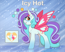 Size: 3356x2708 | Tagged: safe, artist:cornelia_nelson, oc, oc only, oc:icy hot, changeling, insect, moth, mothling, original species, anus, blue coat, butt, butterfly wings, commissioner:dhs, curly hair, female, hairclip, heart, heart mark, high res, long mane, long tail, mare, mask (coat marking), nudity, plot, poofy mane, reference sheet, reflection, tail, two toned mane, two toned tail, wings, yellow eyes