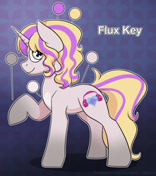 Size: 2418x2733 | Tagged: safe, artist:cornelia_nelson, oc, oc only, oc:flux key, unicorn, character name, coat markings, commissioner:dhs, cutie mark, female, gradient background, gray eyes, heart, heart mark, horn, mare, patterned background, reference sheet, socks (coat markings), solo, solo female, tail, two toned mane, two toned tail, underbelly, wavy mane