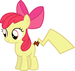 Size: 1024x964 | Tagged: safe, artist:strawberrythefox1452, apple bloom, pikachu, g4, apple bloom's bow, bow, female, hair bow, pokémon, simple background, transparent background