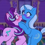 Size: 1080x1080 | Tagged: safe, artist:fruity_lupi, starlight glimmer, trixie, pony, unicorn, g4, my little pony: friendship is magic, to where and back again, blushing, duo, duo female, female, horn, kissing, lesbian, mare, scene interpretation, ship:startrix, shipping, trixie's wagon, wagon