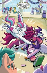 Size: 1010x1555 | Tagged: safe, artist:natalie haines, idw, hitch trailblazer, izzy moonbow, misty brightdawn, pipp petals, sparky sparkeroni, sunny starscout, tracy tailspin, zipp storm, dragon, earth pony, pegasus, pony, unicorn, g5, my little pony: case of the missing puff, official, book, chrysanthemum, comic, horn