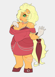 Size: 3272x4544 | Tagged: safe, artist:spinkee, applejack, earth pony, anthro, unguligrade anthro, g4, alternate universe, applejack also dresses in style, big breasts, breasts, busty applejack, chubby, clothes, dress, female, gloves, simple background, solo, solo female, umbrella