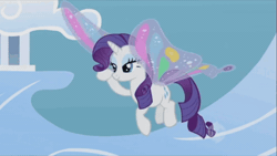 Size: 800x450 | Tagged: safe, edit, edited screencap, screencap, rarity, pony, unicorn, g4, my little pony: friendship is magic, season 1, sonic rainboom (episode), animated, blinking, butterfly wings, cute, female, flying, glimmer wings, gossamer wings, horn, loop, raribetes, solo, waving, wings