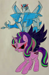 Size: 1280x1936 | Tagged: safe, artist:tfpandora, starlight glimmer, pony, g4, duo, story included, traditional art, transformers