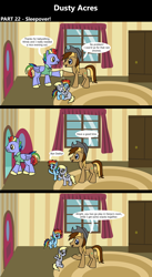 Size: 1920x3516 | Tagged: safe, artist:platinumdrop, bow hothoof, derpy hooves, rainbow dash, oc, oc:dusty hooves, earth pony, pegasus, pony, comic:dusty acres, series:technoverse, g4, comic, commission, dialogue, female, filly, filly derpy hooves, filly rainbow dash, flying, foal, happy, hoofbump, hug, indoors, male, sitting, smiling, speech bubble, stallion, standing, talking, walking, younger