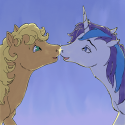 Size: 1000x1000 | Tagged: safe, artist:universalheart, applejack (g1), glory, earth pony, pony, unicorn, g1, :d, backlighting, blonde mane, blue background, blue eyes, blue mane, boop, chest fluff, colored eyebrows, duo, duo female, eyebrows, eyebrows visible through hair, female, gradient background, green eyes, horn, lesbian, lidded eyes, looking at each other, looking at someone, mare, noseboop, open mouth, open smile, orange coat, purple mane, ship:appleglory, shipping, side view, smiling, smiling at each other, sparkles, two toned mane, white coat
