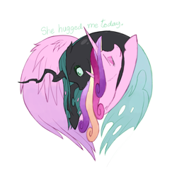 Size: 2048x2048 | Tagged: safe, artist:universalheart, princess cadance, queen chrysalis, alicorn, changeling, changeling queen, pony, closed mouth, colored eyebrows, duo, duo female, ears back, eyebrows, eyes closed, eyeshadow, fangs, feathered wings, female, floppy ears, heart, horn, hug, infidelity, lesbian, long horn, makeup, mare, ship:cadalis, shipping, side view, simple background, small ears, smiling, white background, wide eyes, wings