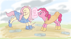 Size: 900x500 | Tagged: safe, artist:universalheart, fluttershy, pinkie pie, earth pony, pegasus, pony, g4, :d, ><, after rain, blue sky, blush sticker, boots, closed mouth, cloud, cloudy, colored eyebrows, cute, day, dialogue, duo, duo female, eyebrows, eyes closed, female, full body, galoshes, hood down, lesbian, looking at someone, mare, motion lines, narrowed eyes, onomatopoeia, open mouth, open smile, outdoors, outline, playing, puddle, rain, rain boots, raincoat, rubber boots, ship:flutterpie, shipping, shoes, side view, sky, small ears, smiling, speech bubble, splashing, standing, turned head, water, white outline