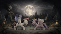 Size: 1920x1080 | Tagged: safe, artist:reverybrony124, edit, edited screencap, screencap, pipp petals, zipp storm, pegasus, pony, g5, my little pony: make your mark, my little pony: make your mark chapter 2, portrait of a princess, angry, argument, castle, female, fight, full moon, mare, moon, mortal kombat, open mouth, outdoors, royal sisters (g5), siblings, sisters, spread wings, volcano, wings, yelling