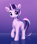 Size: 2111x2531 | Tagged: safe, artist:dusthiel, starlight glimmer, pony, unicorn, g4, :3, chest fluff, ear fluff, female, horn, looking at you, mare, raised hoof, reflection, solo, unshorn fetlocks