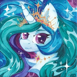 Size: 1278x1280 | Tagged: safe, artist:lilacclime, princess celestia, alicorn, pony, g4, chest fluff, crown, ethereal mane, eyelashes, female, horn, jewelry, looking at you, mare, regalia, royalty, solo, traditional art, watercolor painting, watermark