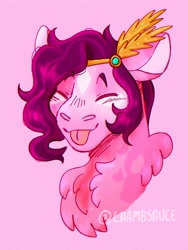 Size: 1536x2048 | Tagged: safe, artist:laamb-sauce, pipp petals, pegasus, pony, g5, :p, adorapipp, bust, chest fluff, cute, diadem, doodle, eyes closed, female, jewelry, mare, pink background, portrait, regalia, signature, simple background, smiling, solo, tiara, tongue out