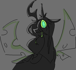 Size: 560x516 | Tagged: safe, artist:britebuck, queen chrysalis, changeling, changeling queen, g4, :d, colored sclera, crown, fangs, female, forked tongue, glowing, glowing eyes, gray background, horn, jewelry, long tongue, looking at you, open mouth, open smile, pixel-crisp art, regalia, side view, simple background, slit pupils, smiling, smiling at you, solo, spread wings, tongue out, transparent wings, wings