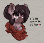 Size: 1341x1298 | Tagged: safe, artist:reddthebat, oc, oc only, oc:number nine, earth pony, pony, bandana, bust, chest fluff, dialogue, eye clipping through hair, eyebrows, eyebrows visible through hair, female, heart, looking at you, mare, open mouth, open smile, positive ponies, smiling, smiling at you, solo, talking to viewer