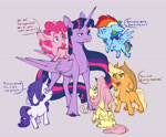 Size: 6774x5607 | Tagged: safe, artist:chub-wub, applejack, fluttershy, pinkie pie, rainbow dash, rarity, twilight sparkle, alicorn, earth pony, pegasus, pony, unicorn, g4, absurd resolution, annoyed, applejack's hat, chest fluff, cowboy hat, cute, daaaaaaaaaaaw, ears back, female, flying, folded wings, hat, horn, looking at someone, mane six, mare, narrowed eyes, ponies riding ponies, post-transformation, profile, purple background, riding, riding a pony, short, simple background, sitting, size difference, smol, smug, solo focus, spread wings, thinking, thought bubble, three quarter view, transformation, twilight sparkle (alicorn), unamused, unshorn fetlocks, wings