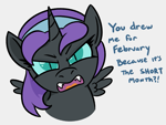 Size: 889x667 | Tagged: safe, artist:jargon scott, oc, oc only, oc:nyx, alicorn, pony, angry, bust, dialogue, fangs, female, filly, foal, gray background, hairband, looking at you, narrowed eyes, nyxruary, simple background, slit pupils, solo, spread wings, talking to viewer, this will end in death, this will end in tears, this will end in tears and/or death, wings