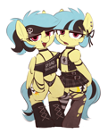 Size: 2122x2628 | Tagged: safe, artist:quotepony, oc, oc only, oc:matinee, oc:soiree, earth pony, pegasus, pony, belly, belly button, bipedal, blushing, clothes, cross, cross necklace, duo, ear piercing, eyeshadow, female, goth, jewelry, looking at you, makeup, mare, midriff, necklace, panties, piercing, ripped stockings, shoes, siblings, skirt, skull, snowpity, socks, stockings, striped socks, thigh highs, torn clothes, twins, underwear, wings