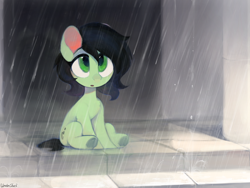 Size: 2048x1536 | Tagged: safe, artist:unclechai, oc, oc only, oc:filly anon, earth pony, pony, female, filly, foal, frog (hoof), looking at something, rain, shadow, silly, silly pony, sitting, solo, underhoof