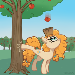 Size: 2048x2048 | Tagged: safe, artist:pfeffaroo, pear butter, earth pony, pony, g4, apple, apple basket, apple tree, applebucking, bucking, female, looking up, mare, outdoors, smiling, solo, sweet apple acres, tree