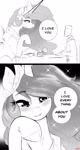 Size: 1070x2000 | Tagged: safe, artist:thelunarmoon, princess celestia, oc, oc:anon, alicorn, human, pony, g4, 2 panel comic, bedroom eyes, black and white, blushing, comic, cute, cutelestia, date, dialogue, duo, duo male and female, eyebrows, eyebrows visible through hair, female, grayscale, i love you, looking at you, male, mare, monochrome, ponified manga, smiling, smiling at you, speech bubble, straight