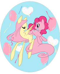 Size: 1221x1486 | Tagged: safe, artist:beaglescouts, artist:chop4, fluttershy, pinkie pie, earth pony, pegasus, pony, g4, 2014, :d, balloon, closed mouth, colored, confetti, duo, duo female, eyes closed, feathered wings, female, flat colors, flying, full body, heart, heart balloon, height difference, holiday, lesbian, long tail, looking at someone, mare, no iris, old art, open mouth, open smile, partially transparent background, prehensile tail, ship:flutterpie, shipping, smiling, smiling at someone, tail, tail hold, tallershy, turned head, valentine's day, wings