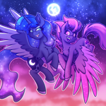 Size: 2600x2600 | Tagged: safe, artist:shad0w-galaxy, princess luna, oc, oc:shadow galaxy, alicorn, pegasus, pony, g4, body markings, cheek fluff, chest fluff, cloud, colored wings, concave belly, duo, ear fluff, ethereal mane, ethereal tail, fangs, fluffy, flying, freckles, gradient legs, high res, hooves, moon, night, open mouth, outdoors, physique difference, shoulder fluff, slender, smiling, spread wings, star freckles, starry eyes, starry mane, starry sky, starry tail, stars, tail, thin, two toned wings, unshorn fetlocks, wing fluff, wingding eyes, wings