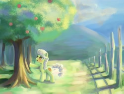 Size: 2048x1563 | Tagged: safe, artist:yenne_sistint, granny smith, earth pony, pony, g4, apple, cute, food, happy, looking up, mountain, open mouth, open smile, smiling, solo, tree