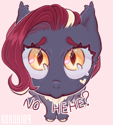 Size: 2700x3000 | Tagged: safe, artist:korubi09, oc, oc only, oc:nightingale ode, bat pony, pony, bat pony oc, bat wings, birthmark, blue body, colored belly, colored hooves, crying, ear fluff, ear tufts, fangs, female, heart, hooves, mare, pink background, red hair, simple background, solo, wings, yellow eyes