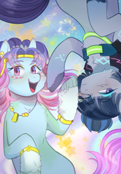 Size: 1600x2302 | Tagged: safe, artist:nikosh14, odessa evensong, zinnea, earth pony, pony, g5, leak, abstract background, duo, duo female, female, jewelry, mare, necklace, open mouth, upside down