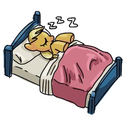 Size: 1024x1024 | Tagged: safe, artist:gu4v4ch33s3cak3, applejack, earth pony, pony, g4, bed, eyes closed, hatless, in bed, missing accessory, onomatopoeia, simple background, sleeping, solo, sound effects, toy interpretation, white background, zzz