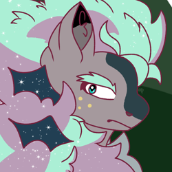 Size: 1280x1280 | Tagged: safe, artist:galactichooves, oc, oc only, oc:oliver_grifix, original species, pony, chest fluff, closed species, digital art, ear fluff, fluffy, freckles, grifix, icon, link in description, looking at you, male, nostrils, serious, serious face, sparkles, striped background, thick eyebrows