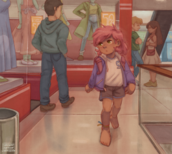 Size: 2011x1805 | Tagged: safe, artist:sunshinememoir, ruby pinch, human, g4, anklet, backpack, barefoot, barefooting, clothes, commission, feet, humanized, jacket, jewelry, mall, school uniform, shirt, shopping mall, shorts, uniform