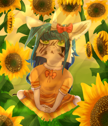 Size: 3000x3500 | Tagged: safe, artist:deadsmoke, oc, oc:snowflake white, unicorn, anthro, bow, bowtie, clothes, dress, field, flower, horn, looking up, scar, sitting, socks, sunflower