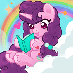Size: 2400x2400 | Tagged: safe, artist:sparkytopia, sugar belle, pony, unicorn, g4, book, curly mane, cute, female, hair tie, heart, horn, looking at something, magenta eyes, mare, open mouth, open smile, outdoors, pink coat, purple mane, rainbow, reading, signature, sitting, smiling, solo, unshorn fetlocks, ych example, your character here