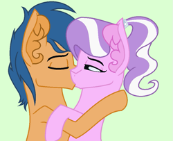 Size: 835x678 | Tagged: safe, artist:dubstepicdj, diamond tiara, first base, earth pony, pony, g4, adorabase, base used, bedroom eyes, cute, diamondbase, diamondbetes, duo, duo male and female, eyes closed, female, green background, hug, kissing, male, mare, older, older diamond tiara, older first base, ponytail, ship:diamondbase, shipping, simple background, smiling, stallion, straight