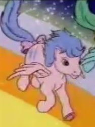 Size: 199x265 | Tagged: safe, screencap, firefly, medley, pegasus, pony, g1, rescue at midnight castle, bow, closed mouth, cropped, cute, female, flyabetes, flying, mare, offscreen character, opening, picture for breezies, rainbow, sky, smiling, solo focus, tail, tail bow, theme song
