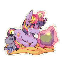 Size: 5000x5000 | Tagged: safe, artist:kaylees-art, smarty pants, twilight sparkle, unicorn, g4, alternate design, alternate hairstyle, blanket, blush scribble, blushing, book, closed mouth, crying, eyelashes, female, filly, filly twilight sparkle, full body, glowing, glowing horn, horn, levitation, lonely, looking at something, lying down, magic, magic aura, nose blush, outline, plushie, prone, reading, short mane, simple background, solo, sparkles, telekinesis, three quarter view, transparent background, unicorn twilight, wavy mouth, white outline, wingding eyes, younger