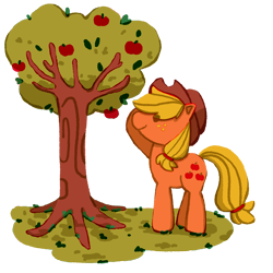 Size: 2800x2800 | Tagged: safe, artist:kaylees-art, part of a set, applejack, earth pony, pony, g4, apple, apple tree, applejack's hat, closed mouth, cowboy hat, dot eyes, female, full body, grass, hat, hooves behind head, looking at something, mare, outdoors, side view, simple background, smiling, solo, transparent background, tree
