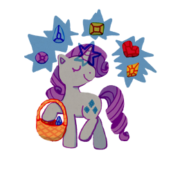 Size: 2800x2800 | Tagged: safe, artist:kaylees-art, part of a set, rarity, pony, unicorn, g4, basket, closed mouth, female, full body, gem, glowing, glowing horn, heart, horn, levitation, magic, magic aura, mare, side view, simple background, smiling, solo, telekinesis, transparent background, turned head, walking