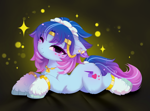 Size: 4824x3566 | Tagged: safe, alternate version, artist:empress-twilight, odessa evensong, cyborg, cyborg pony, earth pony, pony, g5, my little pony: tell your tale, the petal gala, clothes, commission, cute, female, freckles, heart freckles, jewelry, leg warmers, lying down, mare, odessabetes, one eye closed, prone, smiling, solo, sparkles, wink, ych result