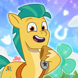 Size: 1000x1000 | Tagged: safe, hitch trailblazer, earth pony, g5, my little pony: tell your tale, official, 2d, flower, horseshoes, looking at you, profile picture, raised hoof, sheriff, smiling, smiling at you, weixin