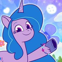 Size: 1000x1000 | Tagged: safe, izzy moonbow, unicorn, g5, my little pony: tell your tale, official, 2d, button, flower, heart, horn, looking at you, profile picture, smiling, smiling at you, waving, weixin