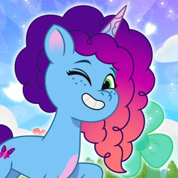 Size: 1000x1000 | Tagged: safe, misty brightdawn, unicorn, g5, my little pony: tell your tale, official, 2d, flower, heart, horn, looking at you, one eye closed, profile picture, smiling, smiling at you, weixin, wink, winking at you