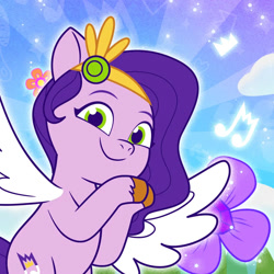 Size: 1000x1000 | Tagged: safe, pipp petals, pegasus, g5, my little pony: tell your tale, official, 2d, flower, looking at you, music notes, profile picture, smiling, smiling at you, spread wings, weixin, wings