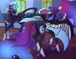 Size: 4500x3500 | Tagged: safe, artist:honkhonkbonk, oc, oc only, oc:astral nova, oc:midnight haze, alicorn, unicorn, cloven hooves, curved horn, horn, magical lesbian spawn, male, offspring, parent:moondancer, parent:princess luna, parents:lunadancer, parents:tempestshimmer, stallion