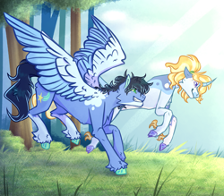 Size: 4000x3500 | Tagged: safe, artist:honkhonkbonk, oc, oc:bluebell, oc:lucky star, pegasus, pony, unicorn, female, half-siblings, horn, male, mare, offspring, parent:prince blueblood, parent:soarin', parent:trixie, parents:bluetrix, parents:trixin', stallion