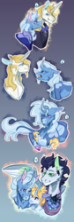 Size: 1011x3000 | Tagged: safe, artist:honkhonkbonk, prince blueblood, soarin', trixie, oc, oc:bluebell, oc:lucky star, pegasus, pony, unicorn, g4, female, half-siblings, horn, male, mare, offspring, parent:prince blueblood, parent:soarin', parent:trixie, parents:bluetrix, parents:trixin', stallion