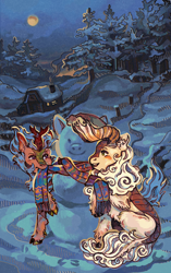 Size: 2662x4243 | Tagged: safe, artist:ktvsn, oc, oc only, oc:acre trail, oc:crowning canopy, kirin, clothes, moon, scarf, sitting, snow, snowman, tree